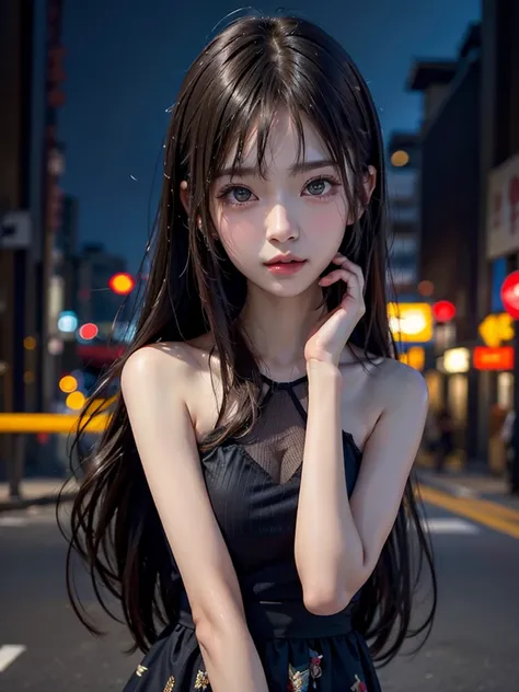 1girl, Tokyo street,night, cityscape,city lights, upper body,close-up, 8k, RAW photo, best quality, masterpiece,realistic, photo-realistic, Bule eye, parted bangs, long hair,front cover,