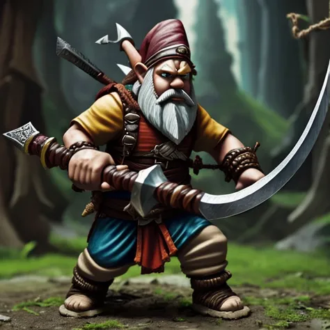 A barbarian gnome with a gigantic greatsword, two handed sword, Furious gnome, great sword, battle position, gnome carrying sword, struggling , carrying sword, without armor 