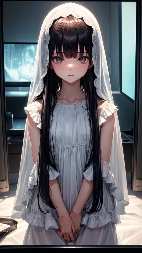 (masterpiece, highest quality, ultra high res, ultra detailed:1.3), 1 girl, slender body, (black hair:1,4), very long straight hair, white simple dress, (bangs covered her face, bangs covered her both eyes:1.4), closed eyes, (crawling out from the TV scree...