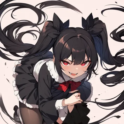 Top quality, masterpiece, high resolution, vampire girl, beautiful black hair, twintails, red eyes, gothic lolita dress, black lace, condescending smile, Sharp fangs,darkness