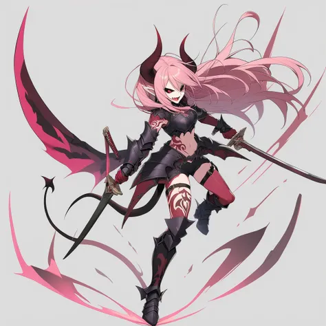 1girl,tachi-e,floating weapon,dynamic pose,evil smile, solo, long hair, smile, open mouth, simple background, navel, holding, tail, full body, weapon, pink hair, horns, pointy ears, sword, pink eyes, grey background, holding weapon, armor, tattoo, thigh st...