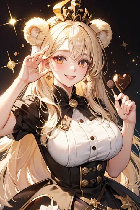 A pale gold  GIRL bear with black nose and eyes, making a winking smile. SHe has a huge amount of chocolate cream on the top of hER head.  SPARKLE; GLITTER