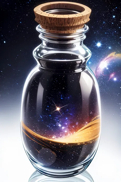 beautiful painting of various galaxies and stars in glass jar, with cork lid,(((white background))).