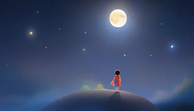 full moon with star in night sky, no human, NO HUMAN, WITHOUT HUMAN, 2 d gouache illustration, 2 d illustration, 2d illustration, official art, colorful kids book illustration, kids book illustration, inspired by Goro Fujita, promotional art, illustration ...