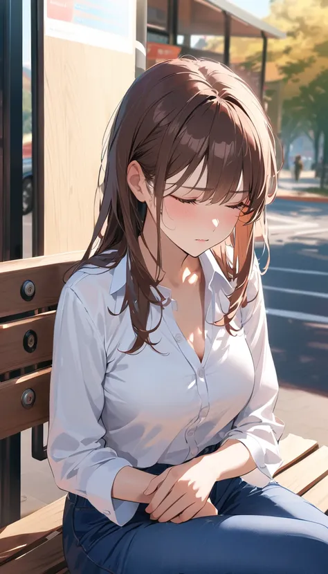 super detail, best quality, a woman, Brown Hair,semi-long,((Slender)),White blouse,blue denim,Painful expression,bus stop,Sitting on a bench