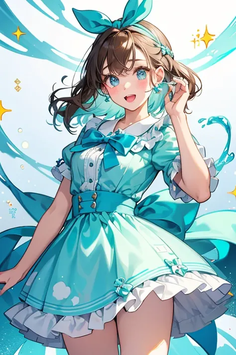 A mint-blue GIRL bear with white syrup swirled on the top of her head. She has a brown bow on her left ear. She has a wide opened mouth, brown nose, and eyes. SPARKLE; GLITTER