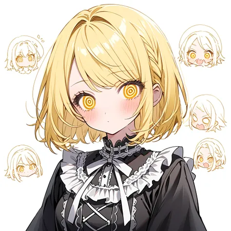 soft line,((kagamine rin))（short hair, yellow hair,girl, white ribbon, yellow eyes,@_@ eyes）,yamikawa,gothic lolita,white backgr...