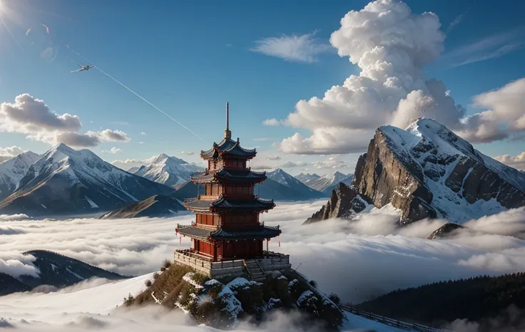 Mountain, cloud, Chinese architecture, crane