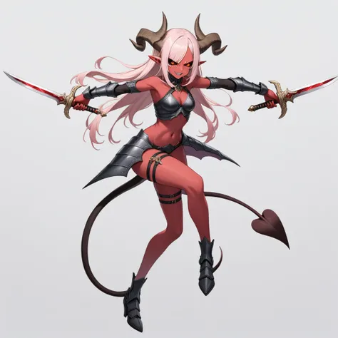 1girl,tachi-e,floating weapon,dynamic pose,evil smile, solo, long hair, smile, open mouth, simple background, navel, holding, tail, full body, weapon, pink hair, horns, pointy ears, sword, pink eyes, grey background, holding weapon, armor, tattoo, thigh st...