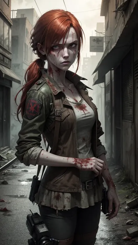 A zombie redhead, she is a photographer, has a camera hanging on his shoulder, She has a distant and empty look. zombie with gray skin. She is on the abandoned street, totally destroyed.  Resident Evil Operation Raccoon City Scenario. Claire redfield.