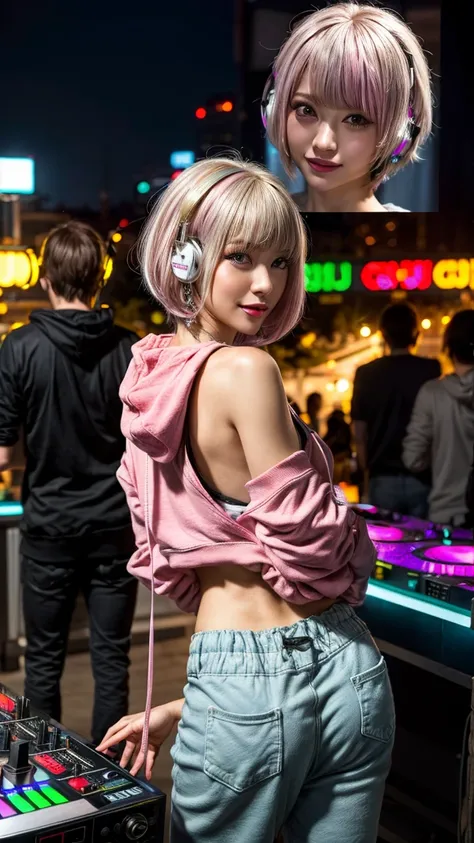 Highest quality, Tabletop, Ultra-high resolution, (Realistic:1.4), (Japanese Idols),RAW Photos, One Girl, night,Detailed skin,nightclub,Disco,(blonde:1.2), (Pink inner hair:1.3),Glossy Lips,smile,21 years old,Beautiful and beautiful eyes,eye shadow,Diamond...