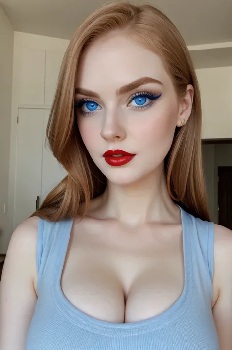 Beautiful face
Big blue eyes
Busty
Pale skin
Big red lips