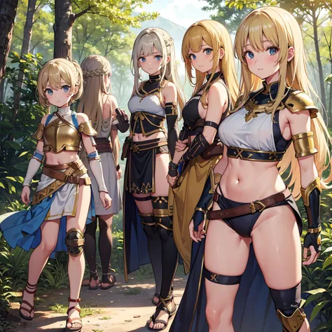 young greek warriors girls in togas , only girls , forest in the background , sandals , BLONDE HAIR , forest in the background , light armor , elbow pads, knee pads, shoulder pads, black armor , sandals , sexy, exposed belly, muscular girl, defined abdomen...