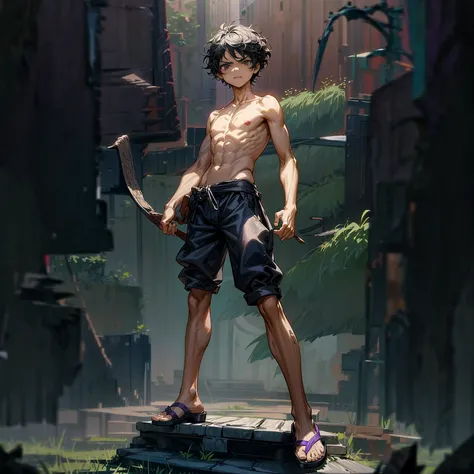 1children boy, Full body version, 1character, purple eyes, short haircut, angry eyes, black color hair, topless, sandals, Grassroots, full background in town, motion blur, lighting, (one piece art), standing gesture