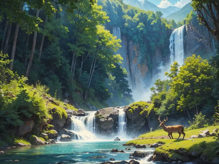 nature painting with mountain seen from far away background with big waterfall and jungle surround, and river flowing between rocky mountain, add forest deer drinking on river and eagle flying over river, best quality4k detailed color, wonderful nature pai...