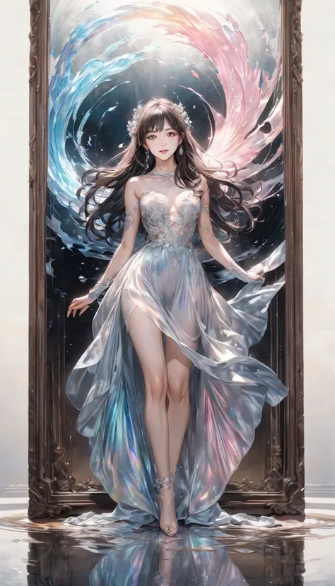 Ultra-realism, Smile,Watercolor style, Dark fantasy, mysterious, break Emphasizing the presence of the subject, Detailed and vivid depiction, Detailed and realistic skin texture, mysterious, break Crystal Clear, ガラスのようなReflection of light, Silky luster, Tr...