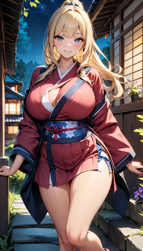 Highest quality, masterpiece, figure, wallpaper, girl, alone, big breasts, tight short sexy kimono, Japanese sandals, full body, blonde hair, semi-long hair, beautiful detailed girl, highly detailed eyes and face. Beautiful attention to detail, smile, brig...