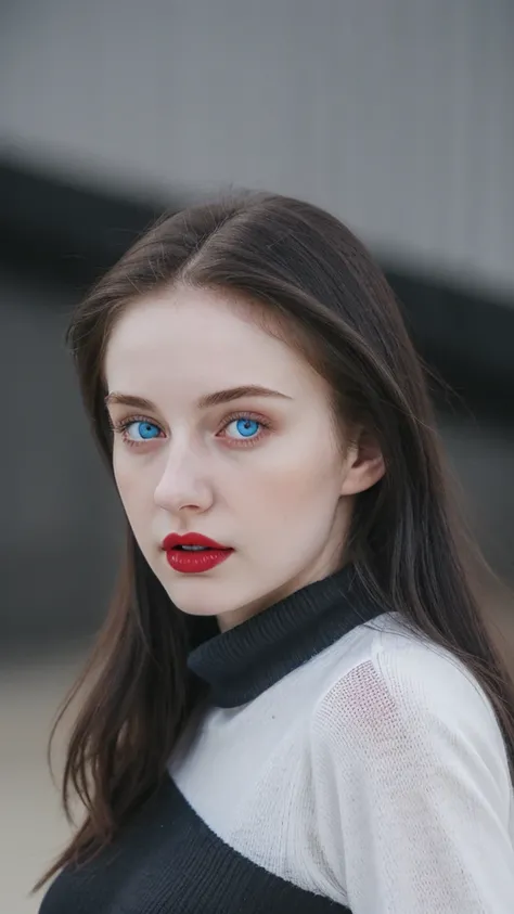 A beautiful 20 year old girl. Pale face with dark circles. blue eyes and red lips. long and straight black hair. Athletic slim body. Wearing black sweater. 8k. uhd. Hyper-realistic.