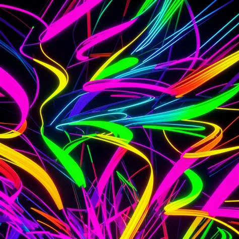 Create an image featuring vibrant neon-colored lines. The lines should be bold and dynamic, with a variety of neon colors such as pink, blue, green, and purple. Arrange the lines in an abstract, energetic pattern that flows across the canvas, intersecting ...