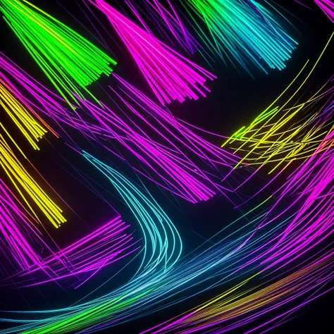 Create an image featuring vibrant neon-colored lines. The lines should be bold and dynamic, with a variety of neon colors such as pink, blue, green, and purple. Arrange the lines in an abstract, energetic pattern that flows across the canvas, intersecting ...