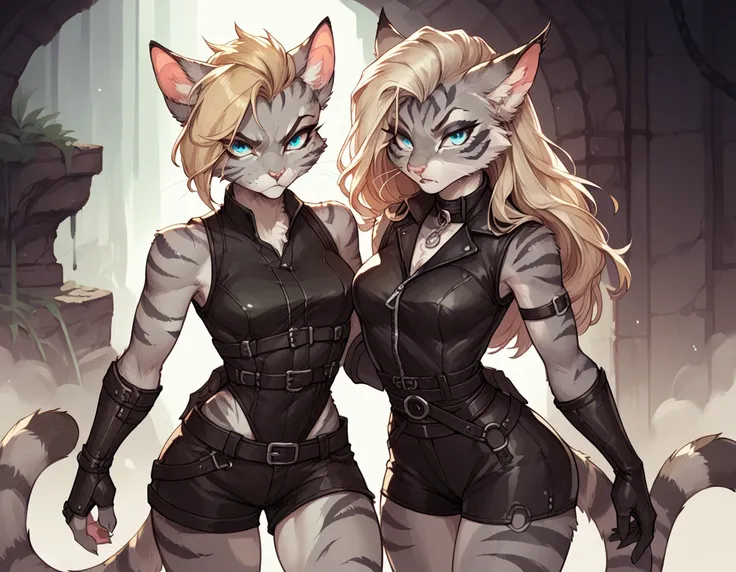 Duo, score_9,score_8_up,score_7_up, score_6_up, score_5_up,source_anime, Kat, Anthro furry female feline, silver fur, grey stripes on body, blue eyes, long blonde hair, undercut hair, one side of hair shaved, pink nose, :3, wearing black leather sleeveless...