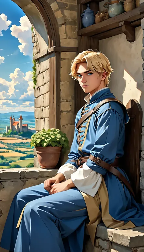 high resolution, (work of art:1.4), TWO CHARACTERS Hyper-detailed, 1 young, short blonde hair, medieval costume, Sitting in a castle room. Young man looking out the window.

 Um outro naughty man de meia idade  entra no quarto seus cabelos são longos e loi...