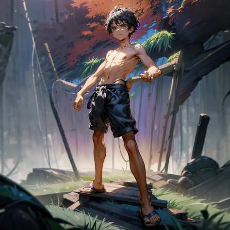 1kid boy, Full body version, 1character, purple eyes, short haircut, angry eyes, black color hair, topless, sandals, Grassroots, full background in town, motion blur, lighting, (one piece art), standing gesture