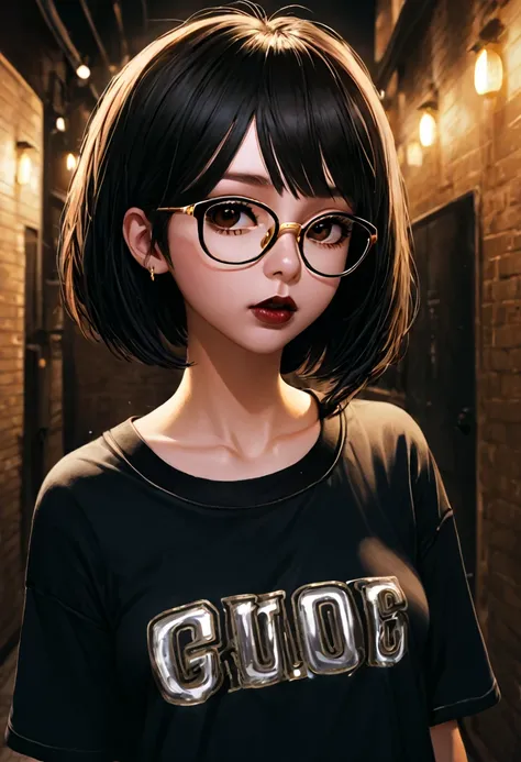 1girl, woman, emo_hairstyle, black lipstick, dog collar, eyeliner, eye shadow, smoky eyes,black hair, , bob style hair cut, brown eyes, gold glasses, realistic lighting, school, shirt , necktie, skirt, black tighhighs, short hair, flat chest, shiny skin, s...