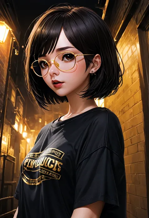 1girl, woman, emo_hairstyle, black lipstick, dog collar, eyeliner, eye shadow, smoky eyes,black hair, , bob style hair cut, brown eyes, gold glasses, realistic lighting, school, shirt , necktie, skirt, black tighhighs, short hair, flat chest, shiny skin, s...