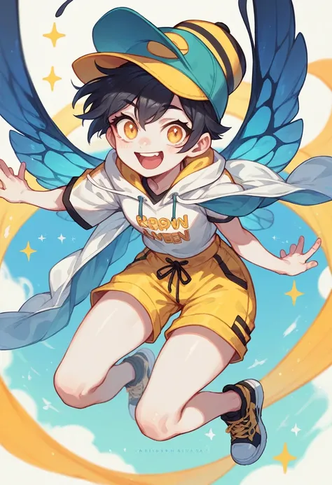 A character with the characteristics: black hair white skin happy face a white yellow and black outfit with black and yellow shorts and black sneakers with a bee hat with blue wings with the character flying