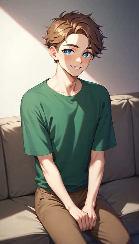 1 ADULT MAN, long shoulder length brown hair, blue eyes, white skin, solo, lean, sharp jawline, handsome, slender body, tall, almond-shaped eyes, dark green shirt, brown pants, kind smile, hands folded on lap, living room, sitting on couch slight blush,