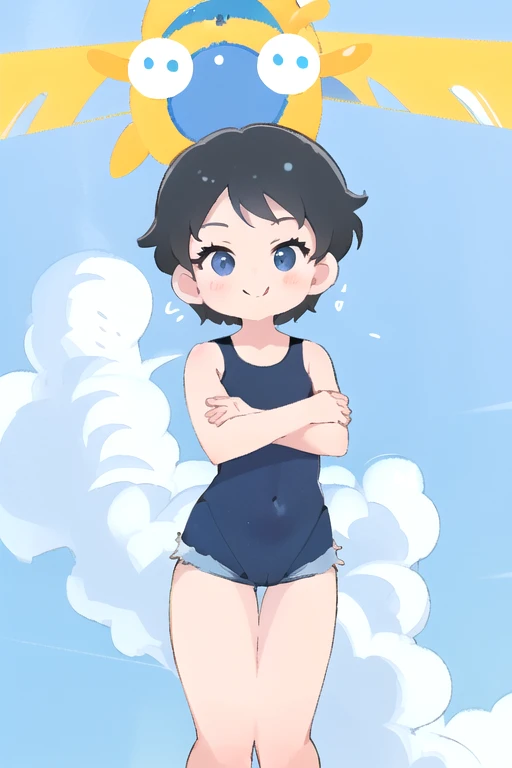 masterpiece,highest quality,one girl,alone,shorts,short hair,null,cloud,denim shorts,black hair,day,denim,iris,smile,cut off,put...