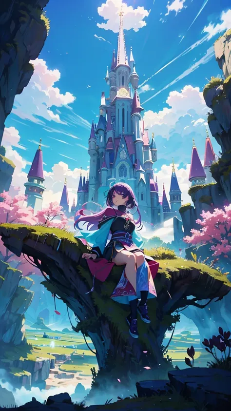 anime-style illustration, The image shows a young woman sitting on the grass watching overlooks the vast expanse of clear blue sky, flower colorful color blue red green purple yellow, fantasy world medieval, rocks, vibrant style, Vibrant colors include dee...