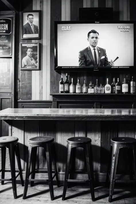 "Generate an image of an old bar in Argentina. The bar has a nostalgic atmosphere, with wooden tables and chairs, walls decorated with black and white photographs and old advertising posters. In a corner of the bar, on a shelf, a classic television from th...