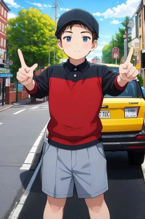 Chubby male teenager, 20 years old,Occupation: taxi driver,Standing pose with two fingers,In front of the taxi near the church