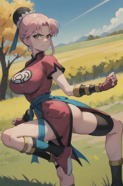 masterpiece, Highest quality,  martialMaam, Hair Bun, short hair, China dress, Short sleeve, sash, Fingerless gloves, Frowning, Open your mouth, Combat Stance, From the side, View your viewers, Big Breasts:1.5, blue sky, Field, Standing on one leg