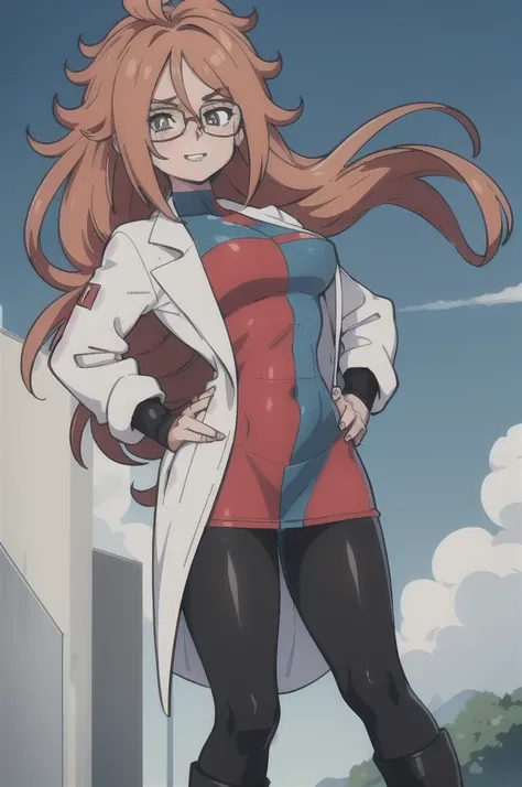 masterpiece, Best Quality, def21, Glasses, plaid dress, lab coat, black pantyhose, asymmetrical boots, whole body, standing, looking at the viewer, hands on hips, looking down, from below, affected smile, teeth, frown, field, sky 