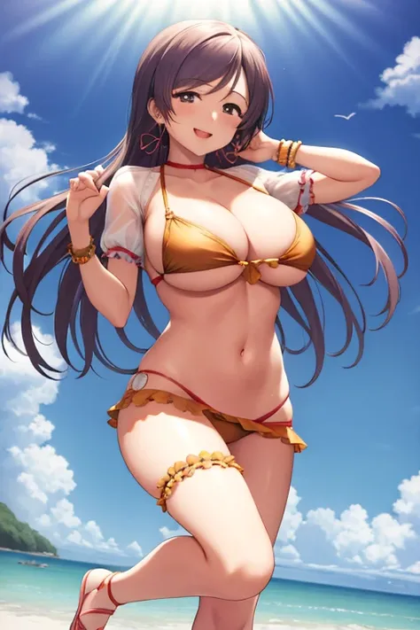 masterpiece, best quality, beautiful art, high resolution, well formed hands, body and fingers, 1 woman, solo, Nozomi Toujou, grown up, arabian belly dancer, adult, large and round breasted, cleavage, hair ribbon, full body, sexy and skimpy arabian belly d...