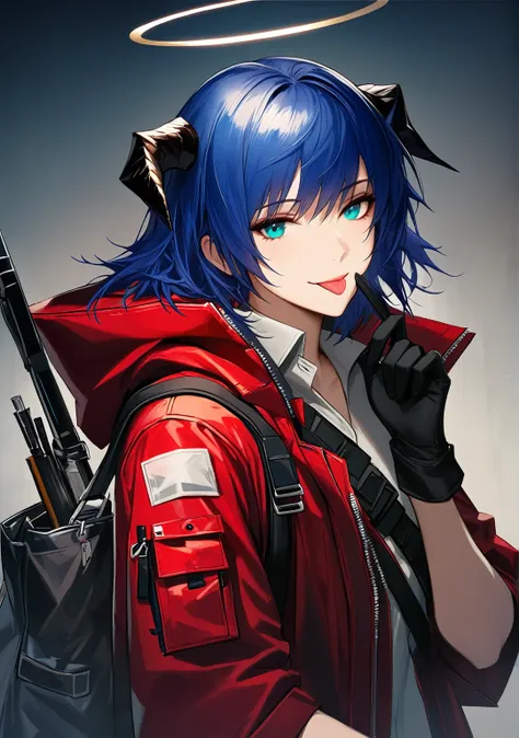 (woman), ((Mostima from arknights)), masterpiece, best quality, blue hair, ((short hair)), horns, plain white shirt, red fullbody coat, red hood, dark blue eyes, realistic anime style, smiling, ((portrait)), black gloves, carring a bag, halo, tip of tongue...