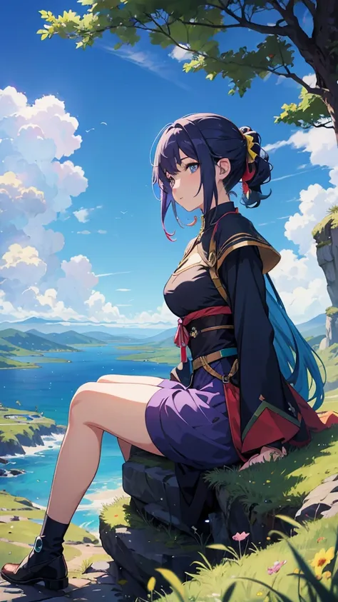 anime-style illustration, The image shows a young woman sitting on the grass watching overlooks the vast expanse of clear blue sky, flower colorful color blue red green purple yellow, fantasy world medieval, rocks, vibrant style, Vibrant colors