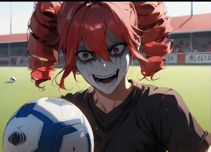 Red hair, plays soccer, grim face