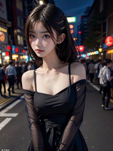 1girl, Tokyo street,night, cityscape,city lights, upper body,close-up, 8k, RAW photo, best quality, masterpiece,realistic, photo-realistic, Bule eye:1.4, Hair Style random, front cover,