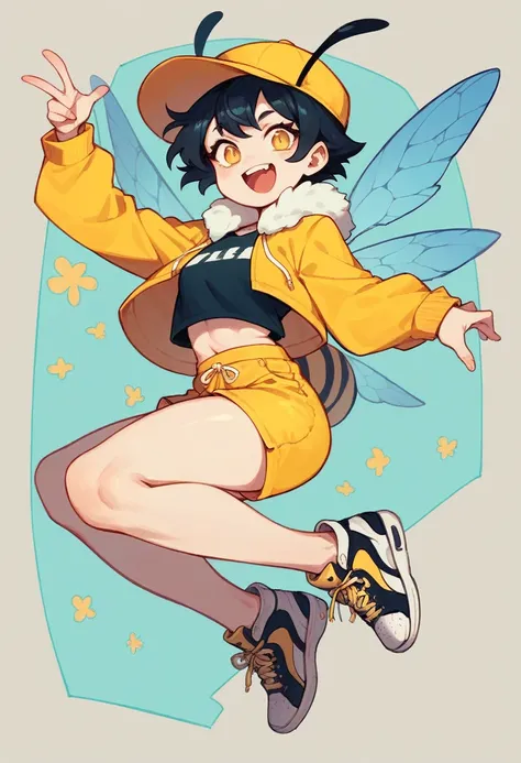 A character with the characteristics: long black hair white skin happy face a yellow and black white outfit with black and yellow shorts and black sneakers with a bee hat with blue wings with the character flying