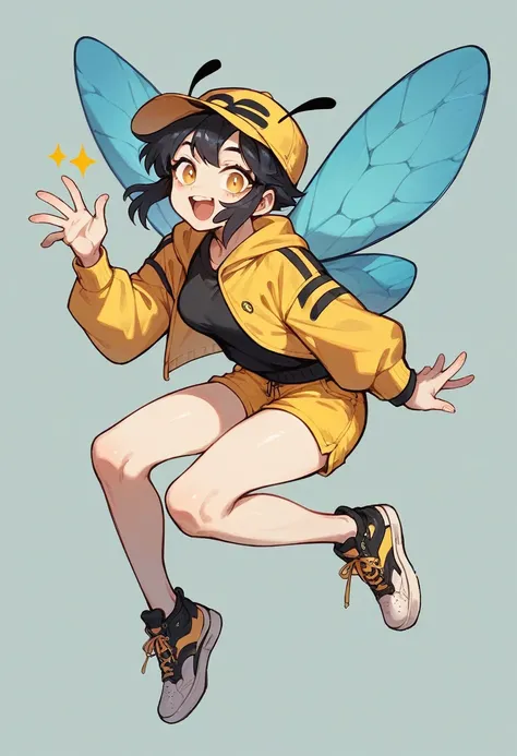 A character with the characteristics: long black hair white skin happy face a yellow and black white outfit with black and yellow shorts and black sneakers with a bee hat with blue wings with the character flying