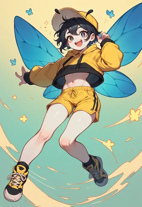 A character with the characteristics: long black hair white skin happy face a yellow and black white outfit with black and yellow shorts and black sneakers with a bee hat with blue wings with the character flying