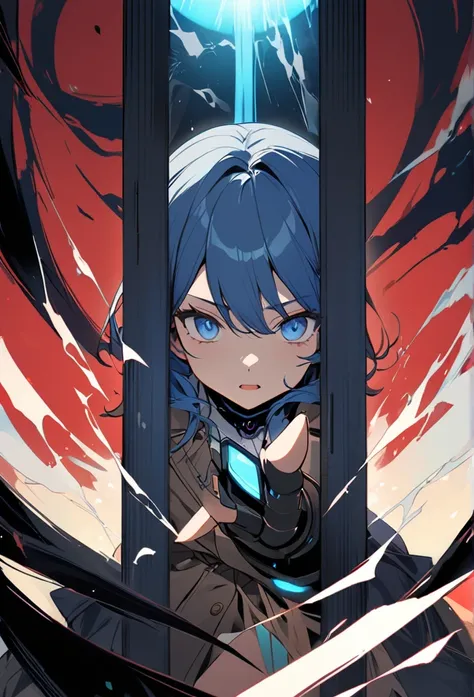 women,high,dark trench coat,fingerless glove,mechanical arm,short wavy blue hair,coming out of a portal