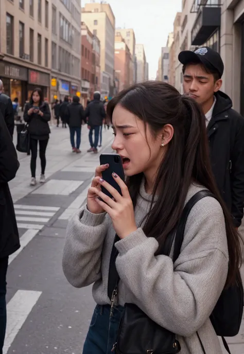 Girl fucking with a man on the street, watching people and recording with their phones, the girl is crying