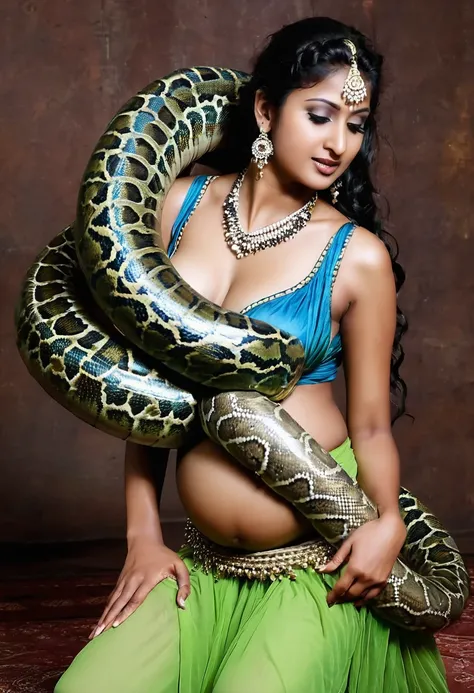 Pregnant  Happy Horny, aroused 1girl), beautiful kneeling Indian  young teen belly dancer girl  with  giant colossal Kaa monster squeezing her hard, wrapped in thick spiraling coils, constricted, struggle, gasping for air, snake attack, snake peril,