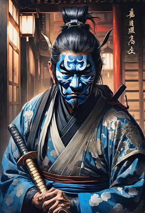 A Japanese warrior ronin with magnificent mask in portrait, the atmosphere is heavy and sad. Its very detailed and in the atmosphere of the old quarter of the time, spirits cling to his shoulders, he holds his sword of spiritual balance, blue Oni mask