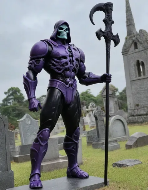 skullish, horn curved towards the back of the head, No eyes, black cloack, skeletor, apavorante, The background is a cemetery, com corpo inteiro de skeletor, serious face with a bone cane 